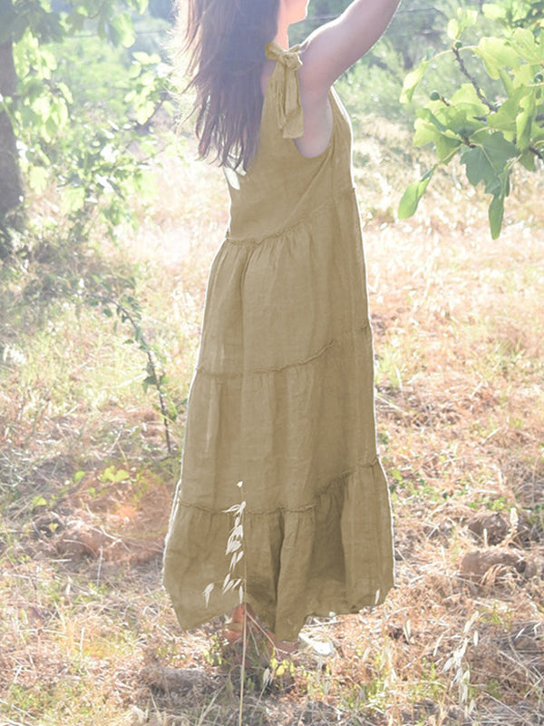 Solid Color Loose Sleeveless V-Neck Midi Dresses