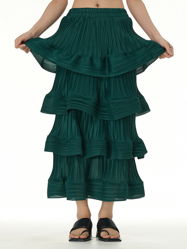Elasticity Layered Pleated Ruffled Solid Color Loose Skirts Bottoms