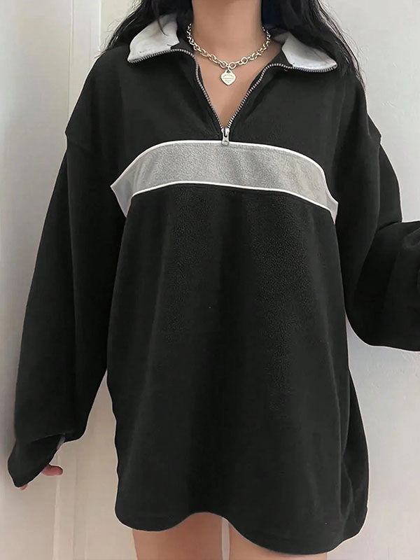 Split-Joint Zipper Long Sleeves Loose Lapel Sweatshirt Tops