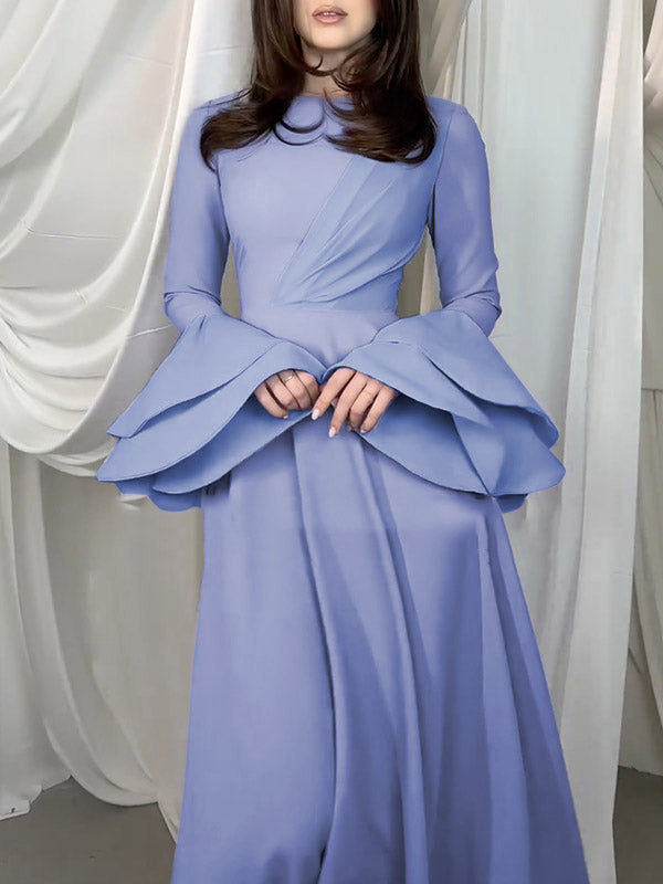 Pleated Solid Color A-Line Flared Sleeves Round-Neck Midi Dresses