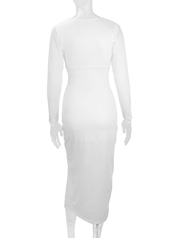 Pleated Solid Color Split-Joint Split-Side Bodycon Elasticated Waist Deep V-Neck Midi Dresses