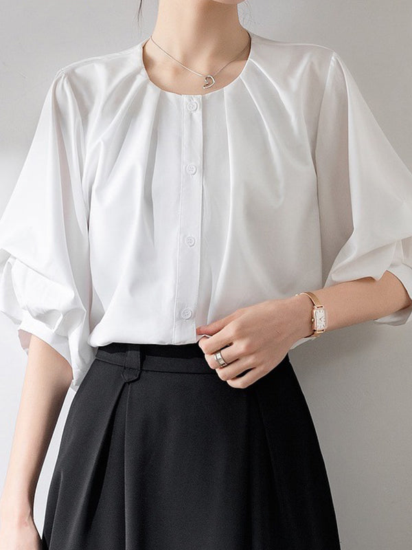 Buttoned Pleated Solid Color Half Sleeves Loose Round-Neck Blouses&Shirts Tops