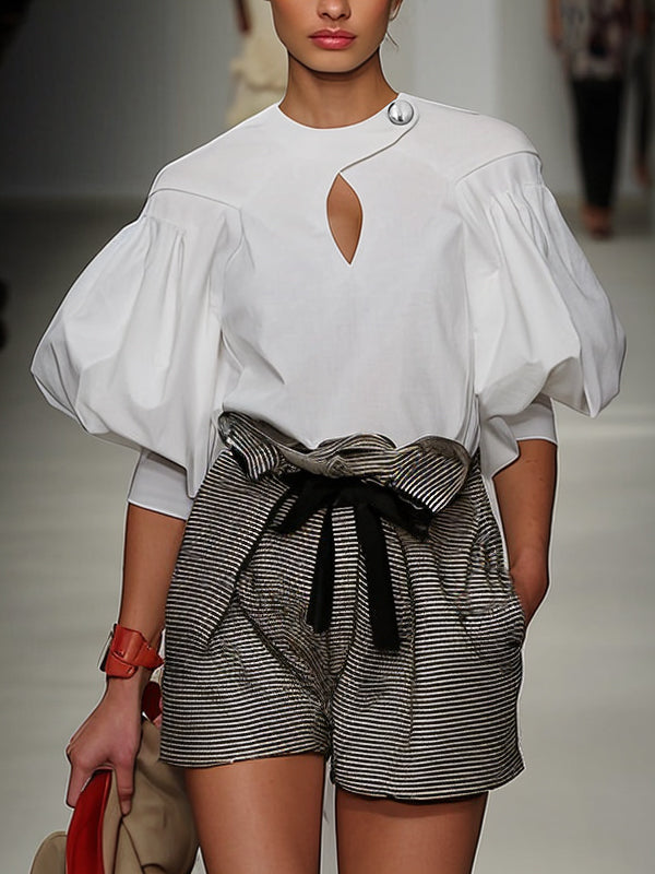 Buttoned Elasticity Hollow Pleated Solid Color Split-Joint Half Sleeves Loose Round-Neck Blouses&Shirts Tops
