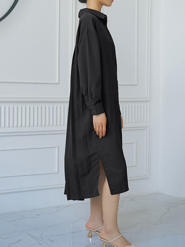 Buttoned Split-side Loose Three-quarter Sleeves Lapel Shirt Dress Midi Dresses