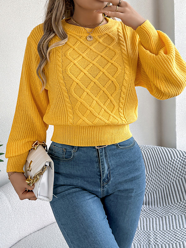 Cable Knit Solid Color Elasticated Waist Long Sleeves Round-Neck Sweater Tops Knit Top