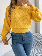 Cable Knit Solid Color Elasticated Waist Long Sleeves Round-Neck Sweater Tops Knit Top