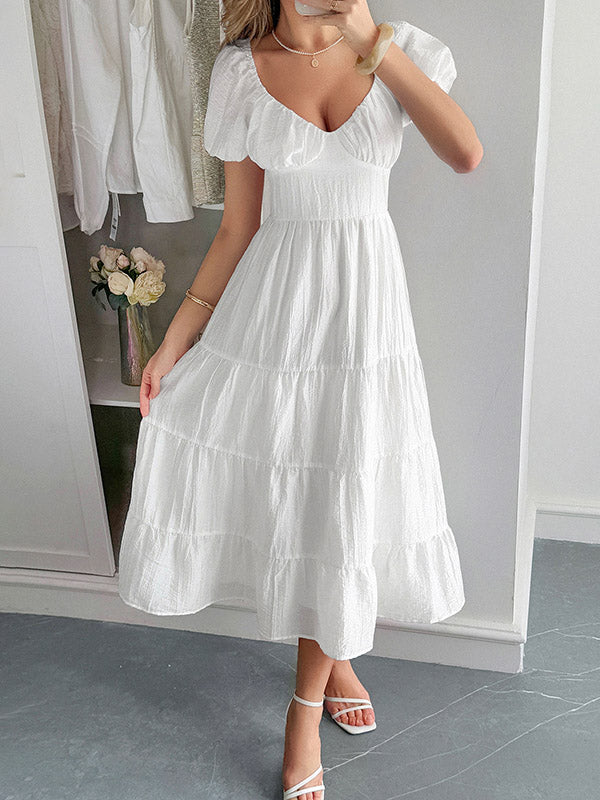Backless Pleated Solid Color Tied A-Line Loose V-Neck Midi Dresses