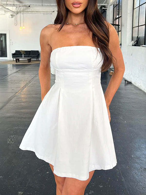 Backless Pleated Solid Color Split-Joint Tied A-line Loose Tube Mini Dresses