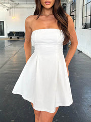 Backless Pleated Solid Color Split-Joint Tied A-line Loose Tube Mini Dresses