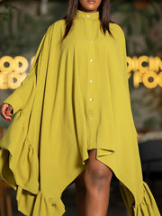 Urban A-Line Loose Falbala Solid Color Stand Collar Midi Dresses
