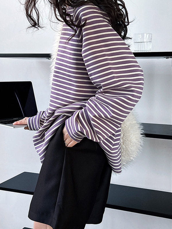 Contrast Color Striped Long Sleeves Loose Round-neck Sweatshirt Tops