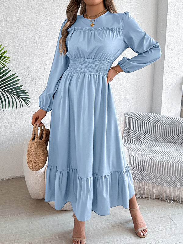 Pleated Solid Color A-Line Elasticated Waist Round-Neck Maxi Dresses