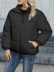 Keep Warm Quilted Solid Color Zipper Long Sleeves Loose High Neck Padded Coat