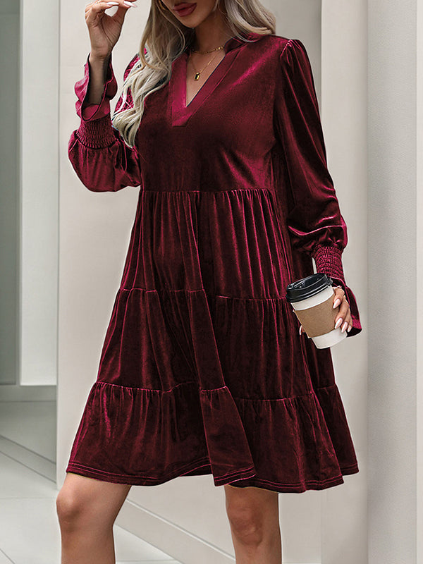 Pleated Solid Color Velvet A-Line Long Sleeves V-Neck Mini Dresses