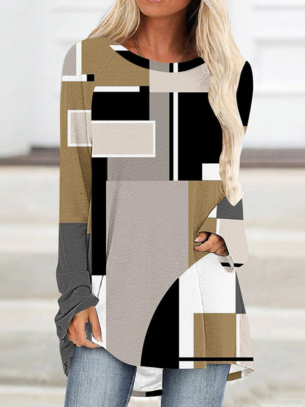 Plaid Printed High-low Long Sleeves Round-neck T-Shirts Tops