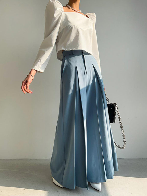 Pleated Solid Color High Waisted Wide Leg Trousers Casual Pants Bottoms