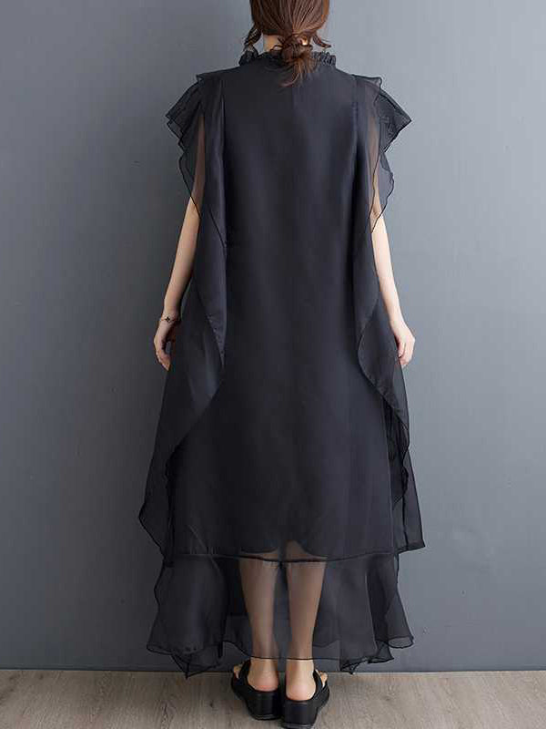 Falbala Ruffled Solid Color Loose Ruffle Sleeves Round-neck Midi Dresses