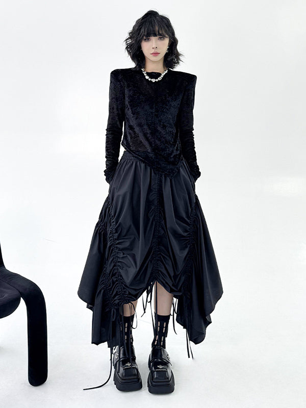 Asymmetric Drawstring Pleated Solid Color A-Line Elasticated Waist Skirts Bottoms