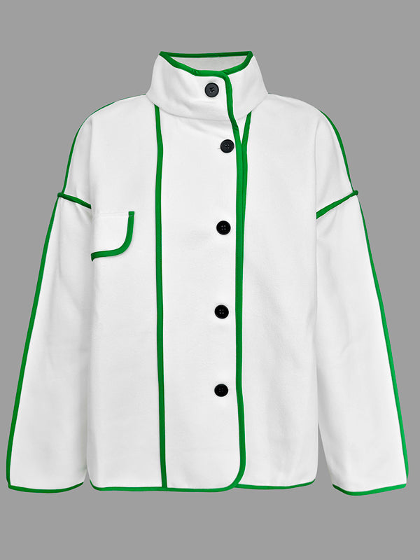 Long Sleeves Loose Buttoned Contrast Color Pockets Split-Joint Stand Collar Woolen Coat