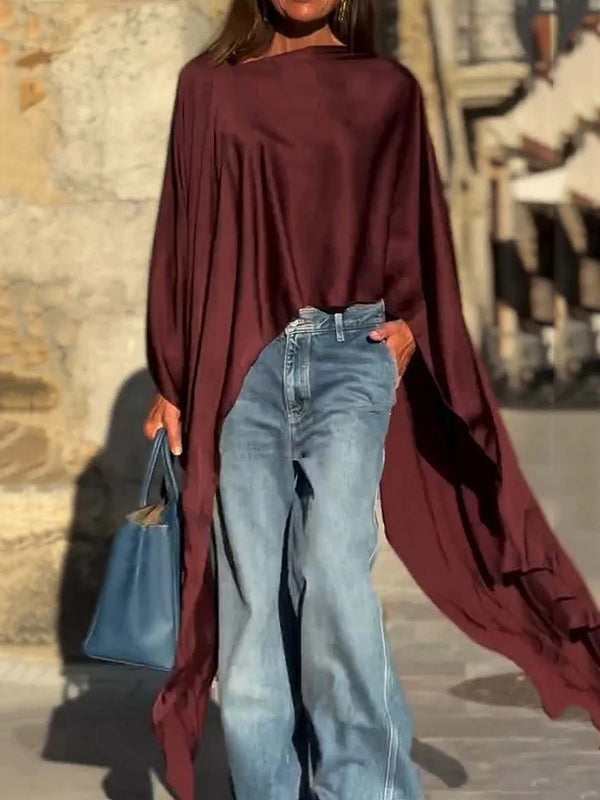 Solid Color Split-Joint Batwing Sleeves High-low Round-neck Blouses&shirts Tops