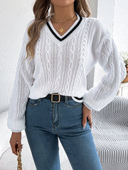 Cable Knit Contrast Color Split-Joint Long Sleeves Puff Sleeves V-Neck Sweater Tops Knit Top