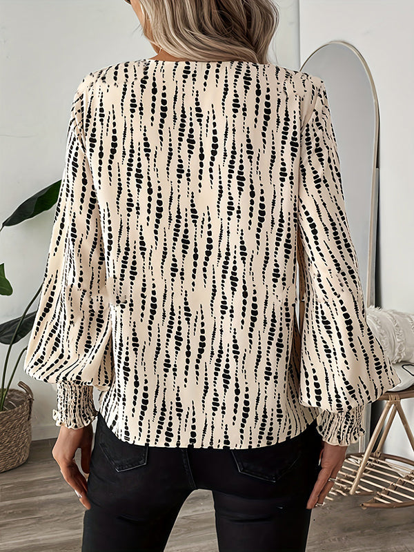 Printed Split-Joint Loose Puff Sleeves V-Neck Blouses&Shirts Tops