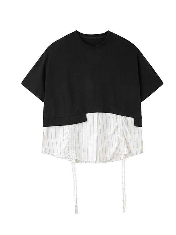 Urban Striped Drawstring Split-Joint False Two Split-Joint T-Shirt