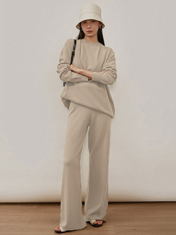 Urban Loose Solid Round-Neck Vest Top& V-Neck Sweater Tops& Wide Leg Pants Three-Piece Set