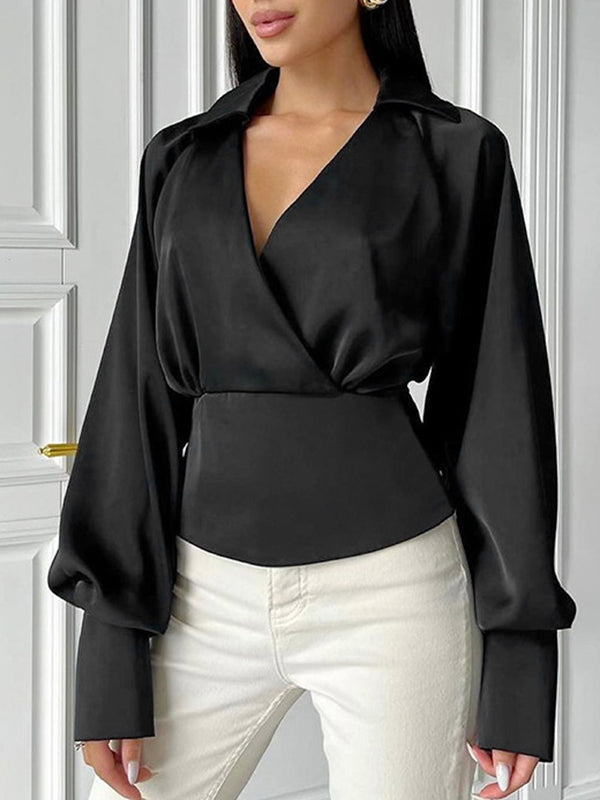 Solid Color Long Sleeves Loose Lapel Blouses&Shirts Tops