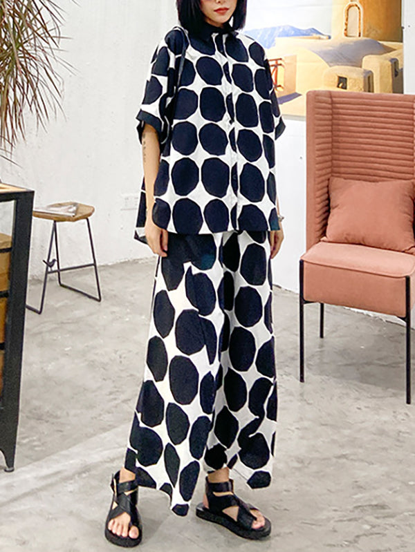 Round-Neck Batwing Sleeves Buttoned Polka-Dot Shirts Top + Elasticity Pockets Harem Pants Pants Bottom Two Pieces Set