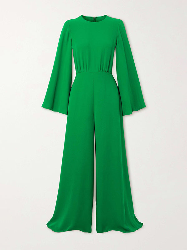 Flared Sleeves Long Sleeves Solid Color Split-Joint Zipper Round-Neck Wide Leg Jumpsuits