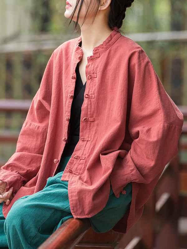 Chinese Frog Buttons Pleated Solid Color Split-Joint Batwing Sleeves Loose Stand Collar Blouses