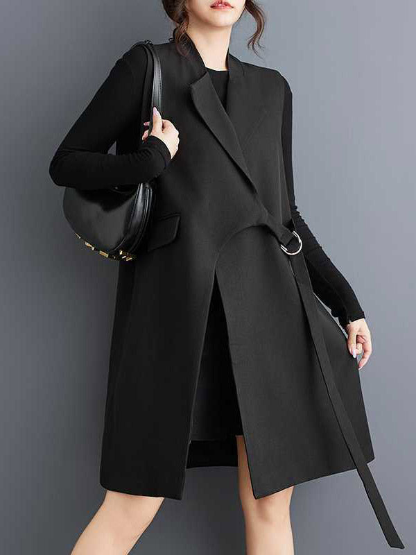 Asymmetric Solid Color Split-Joint Loose Sleeveless Notched Collar Vest Outerwear