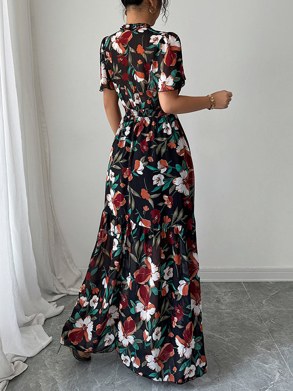 Contrast Color Elasticity Flower Print Pleated A-Line Loose V-Neck Maxi Dresses