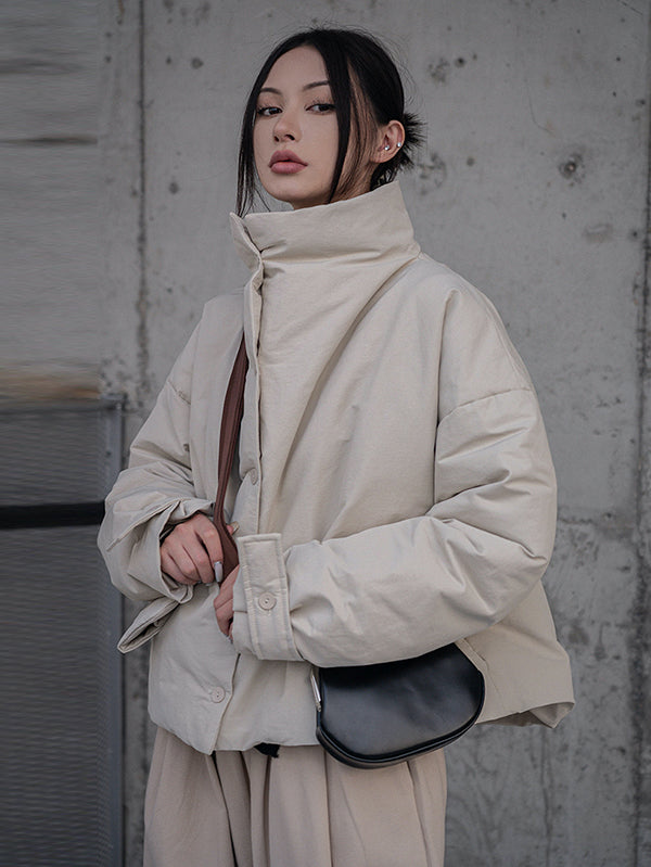 Urban Long Sleeves Buttoned Asymmetric Solid Color Stand Collar Padded Coat