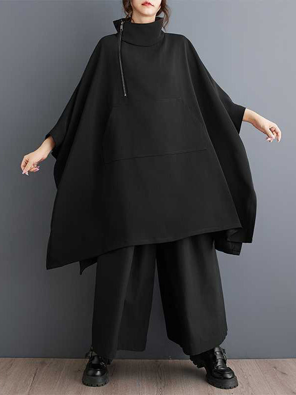 Buttoned Pockets Solid Color Zipper Batwing Sleeves Loose Mock Neck Sweatshirt Tops