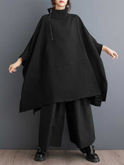 Buttoned Pockets Solid Color Zipper Batwing Sleeves Loose Mock Neck Sweatshirt Tops