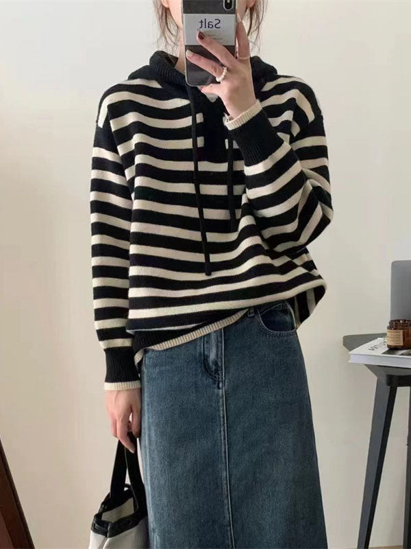 Contrast Color Drawstring Velvet Hooded Long Sleeves V-Neck Sweater Tops Pullovers