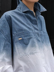 Gradient Printed Split-Joint Split-side High-low Loose Lapel Blouses&shirts Tops