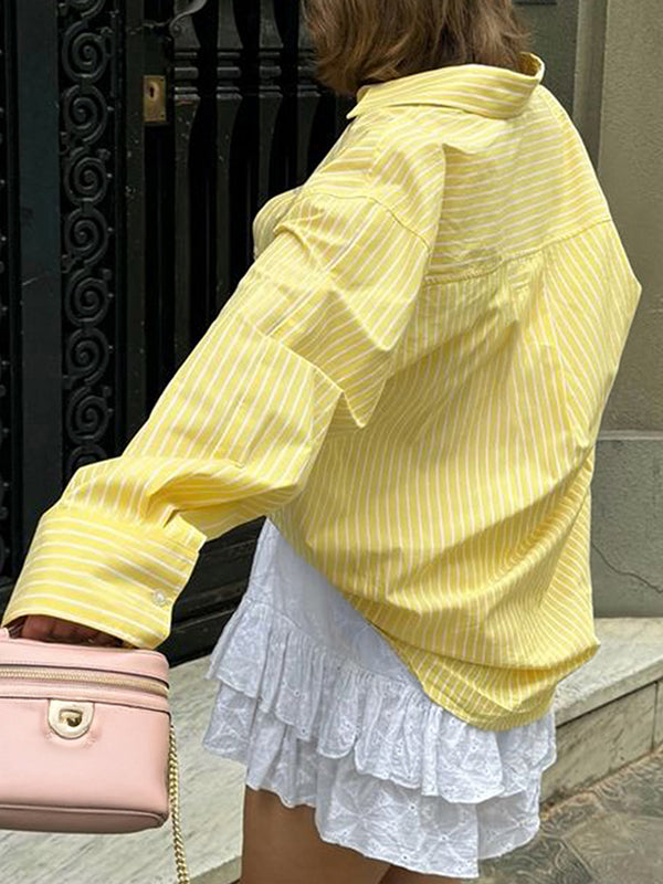 Buttoned Pockets Striped Long Sleeves Loose Lapel Blouses&Shirts Tops