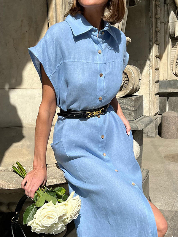 See-Through Split-Joint Tied Waist Loose Raglan Sleeve Lapel Shirt Dress Midi Dresses