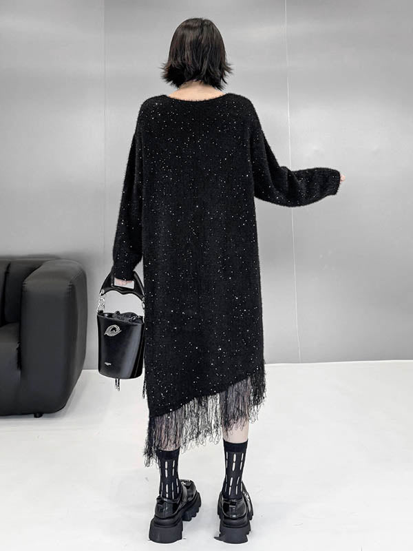 Contrast Color Sequined Shiny Split-Joint Tasseled Irregularity Long Sleeves V-Neck Sweater Dresses Midi Dresses