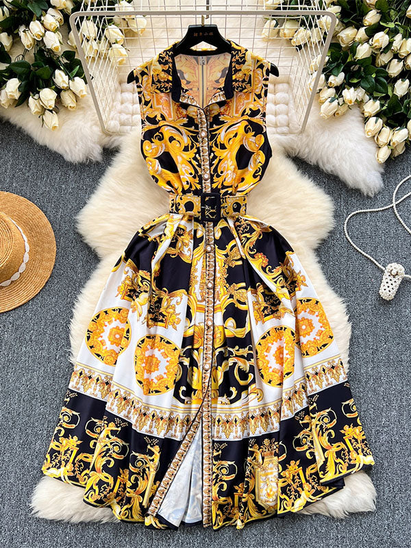 Belt Buckle Buttoned Contrast Color Floral Printed Sleeveless Midi Dresses