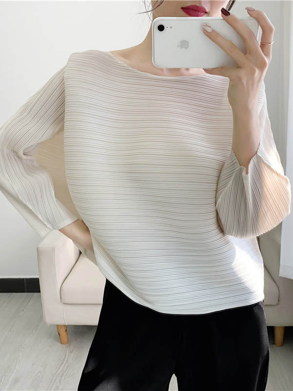 Casual Loose Three-Quarter Sleeves Pleated Solid Color Round-Neck T-Shirts Tops