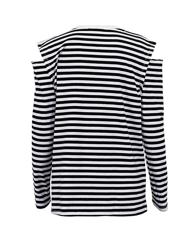 Contrast Color Hollow Striped Long Sleeves Loose Cold Shoulder T-Shirts