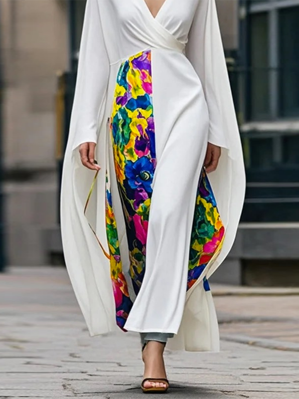 Contrast Color Flower Print Split-Joint Long Sleeves Loose Deep V-Neck Maxi Dresses