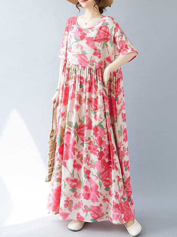 Flower Print Pleated Split-Joint A-line Batwing Sleeves Round-neck Midi Dresses