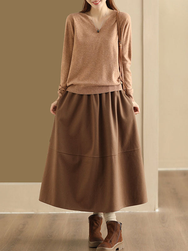 Elasticity Pockets Solid Color A-Line Loose Skirts Bottoms