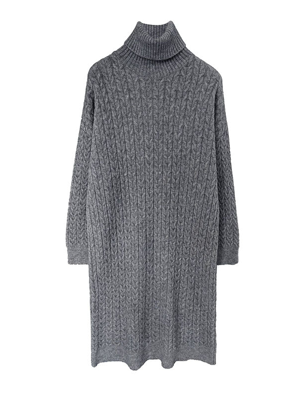 Stylish Loose Long Sleeves Solid Color High-Neck Twist Sweater Dresses