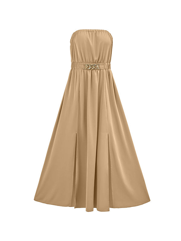 Chains Elasticity Pleated Split-Front A-Line Sleeveless Tube Midi Dresses